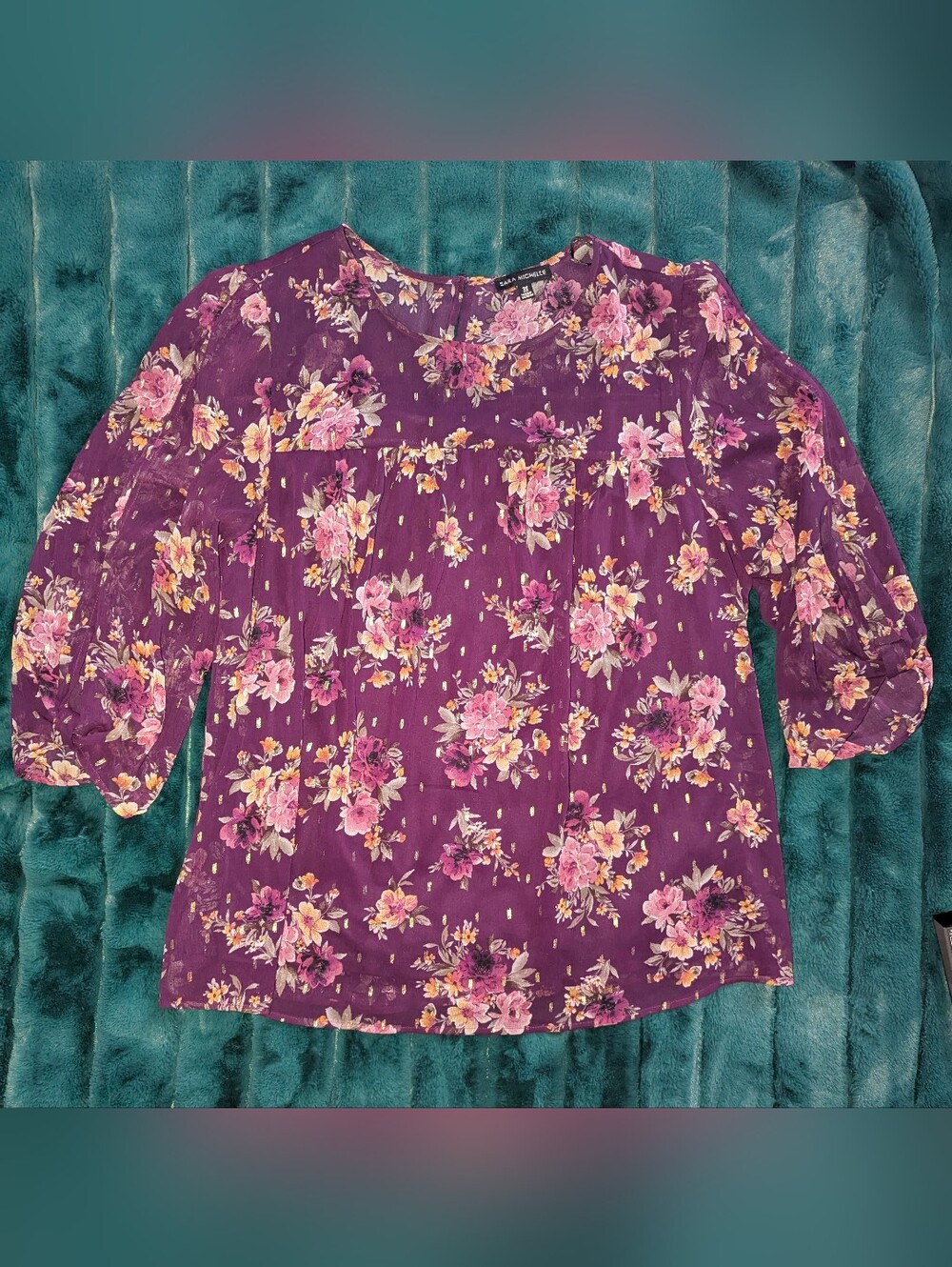 Sara Michelle | Purple Floral Blouse | 3X | Sheer | 3/4 Sleeve | Lined